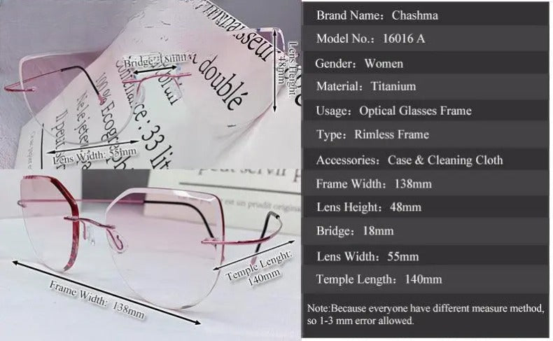 Women's Cat Eye Rimless Titanium Prescription Glasses 16016a — view 9 | Rx Spectacle