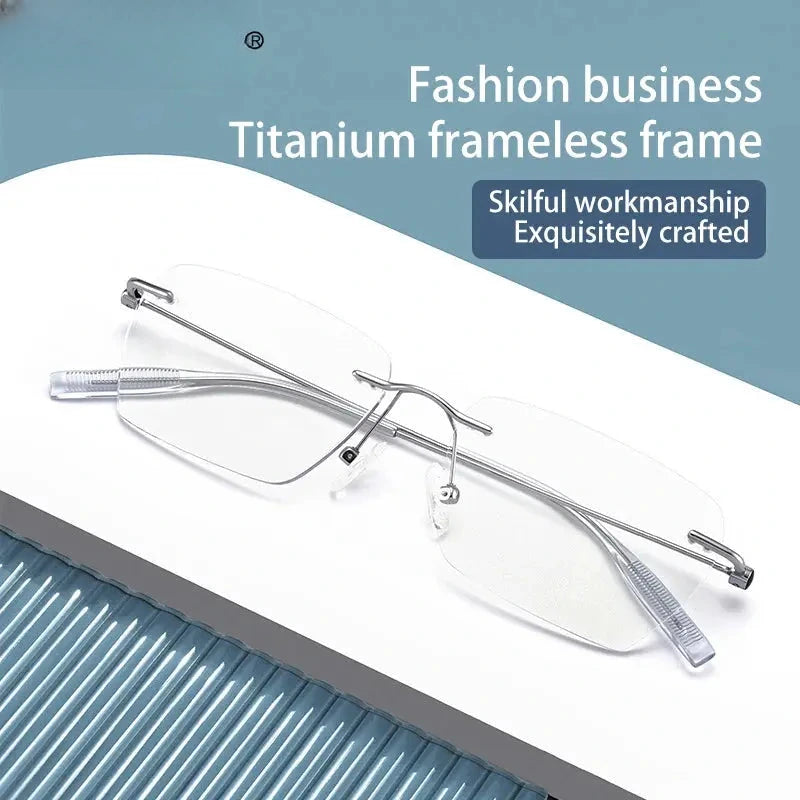 Unisex Square Rimless Titanium Reading Glasses V0620 — view 2 | Rx Spectacle