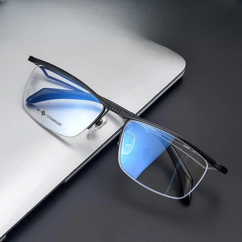 Unisex Rectangular Semi-Rimless Titanium Prescription Glasses T18044 — view 1 | Rx Spectacle