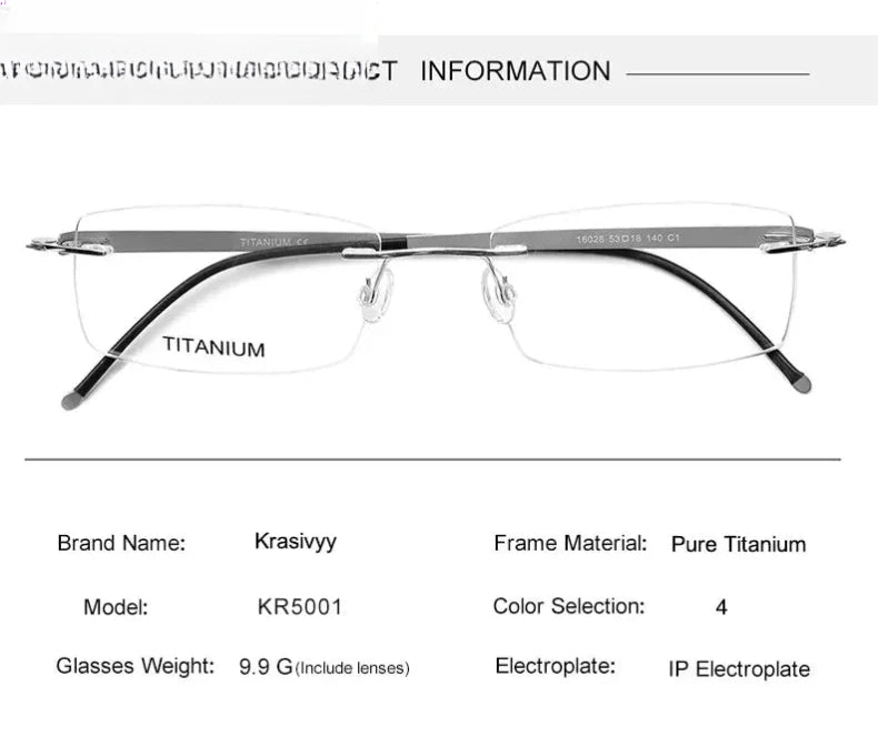 Unisex Square Rimless Titanium Screwless Prescription Glasses 5001 — view 10 | Rx Spectacle