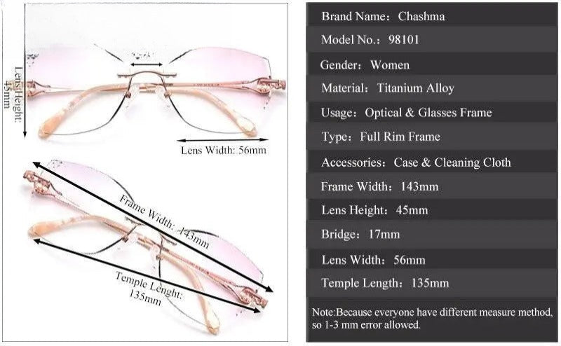 Women's Cat Eye Rimless Titanium Prescription Glasses 98101 — view 8 | Rx Spectacle