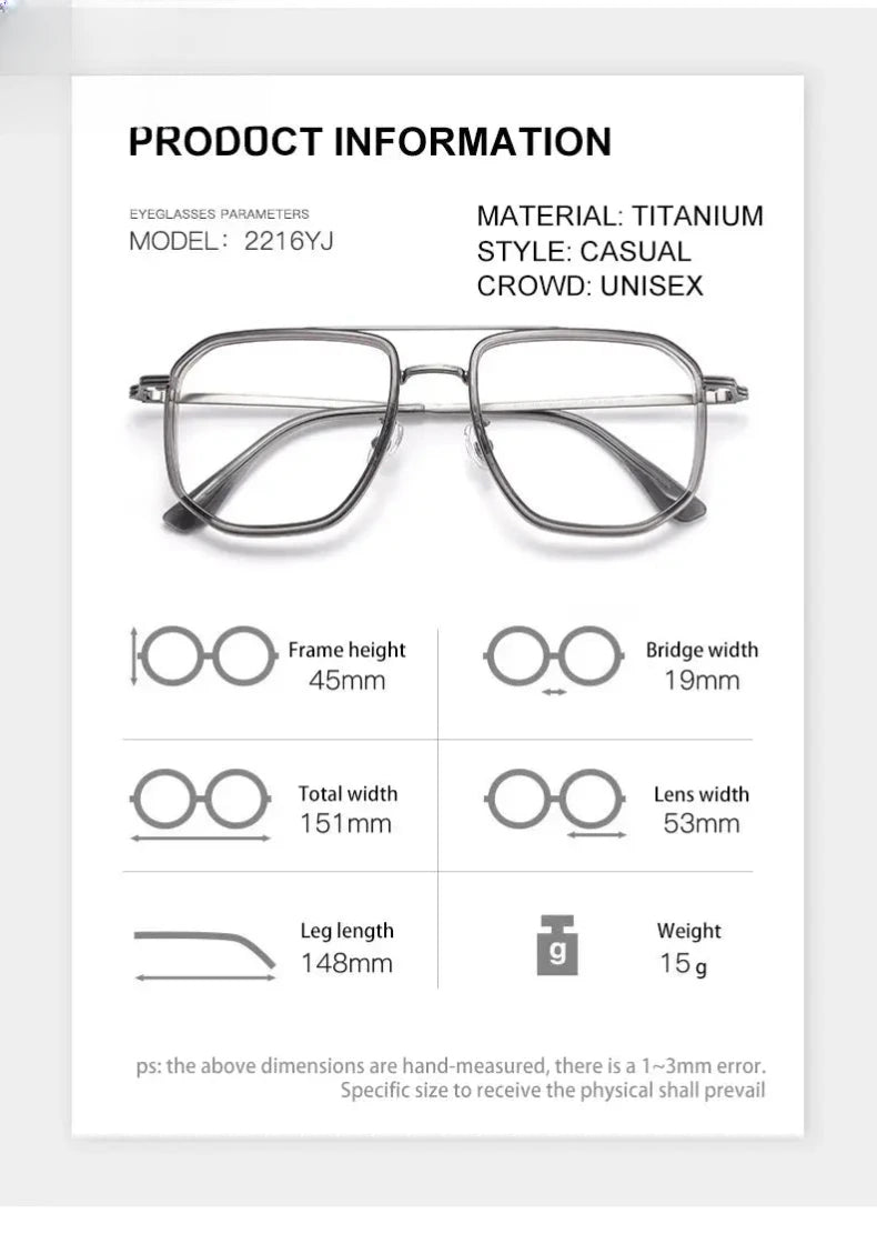 Men's Square Full Rim Titanium Double Bridge Oversized Reading Glasses 2216 — view 11 | Rx Spectacle