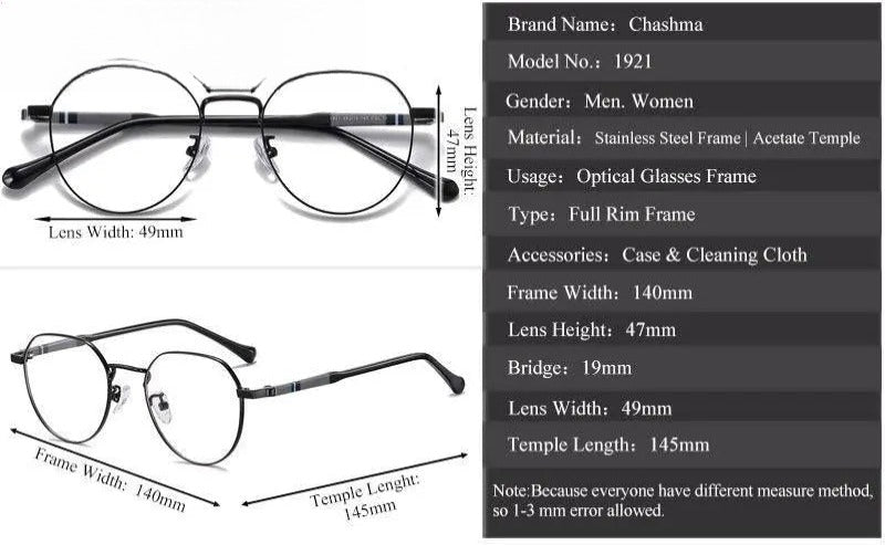 Unisex Round Full Rim Stainless Steel Prescription Glasses 1921 — view 10 | Rx Spectacle