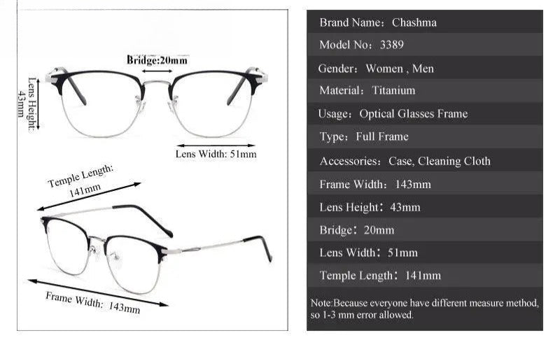 Unisex Square Full Rim Alloy Prescription Glasses 3389 — view 11 | Rx Spectacle