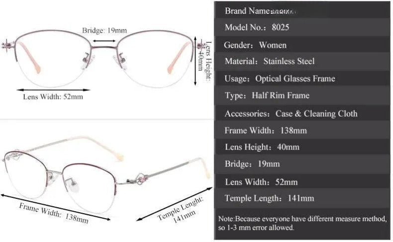 Women's Cat Eye Semi-Rimless Stainless Steel Prescription Glasses 8025 — view 10 | Rx Spectacle