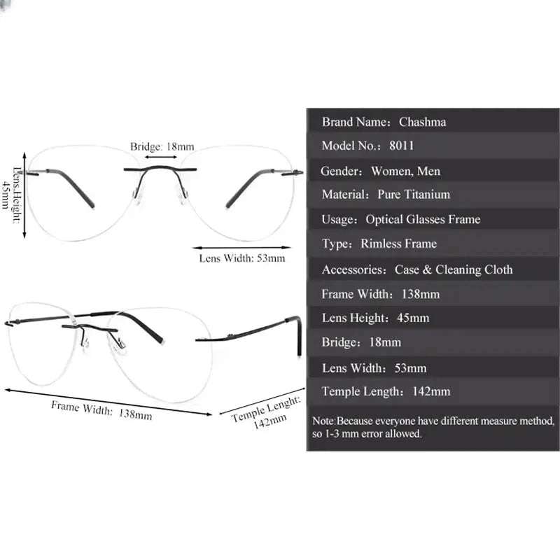 Unisex Oval Rimless Titanium Flat Top Prescription Glasses 888011 — view 4 | Rx Spectacle