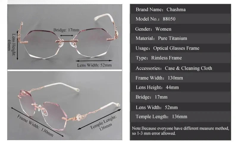 Women's Oval Rimless Titanium Prescription Glasses 88050 — view 3 | Rx Spectacle