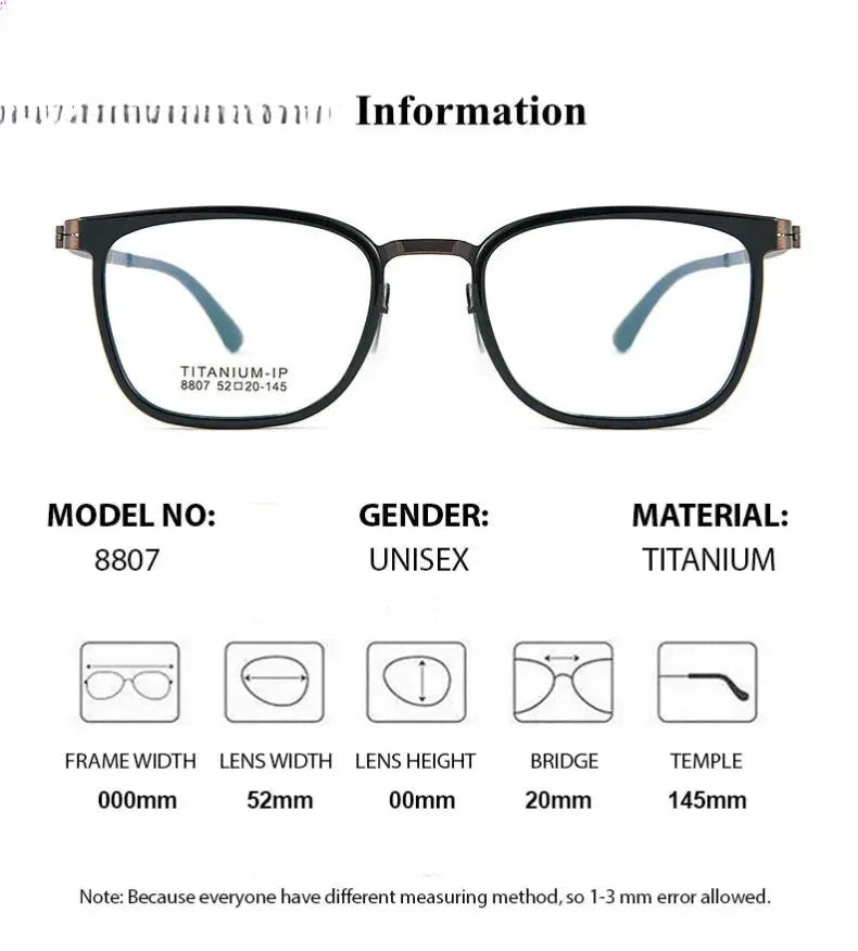 Unisex Square Full Rim Titanium Prescription Glasses 8807 — view 12 | Rx Spectacle