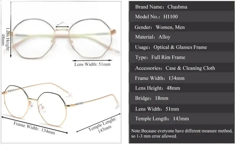 Women's Polygon Full Rim Alloy Prescription Glasses 91100/01 — view 2 | Rx Spectacle