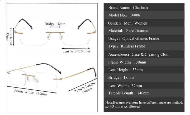 Unisex Square Rimless Titanium Screwless Prescription Glasses 16006 — view 3 | Rx Spectacle